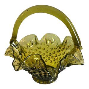 Vintage Fenton? Green Glass Hobnail Basket With Ruffled Edge & Applied Handle